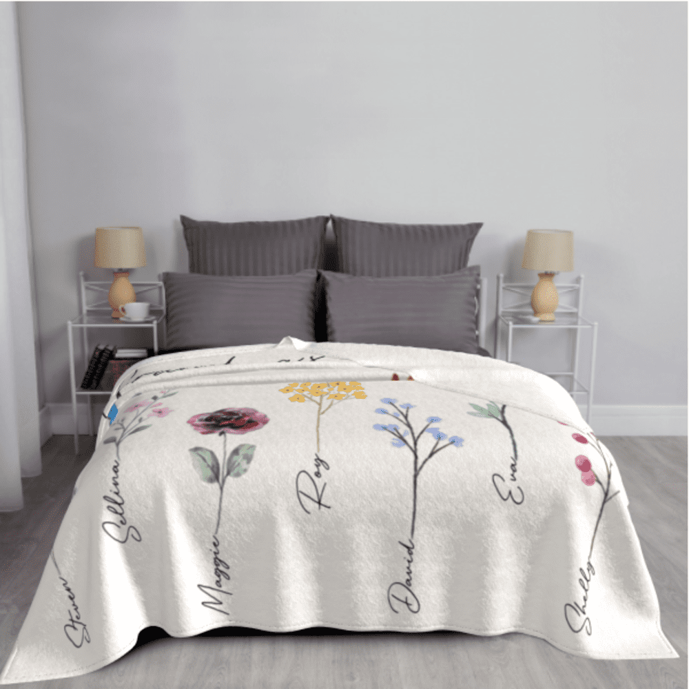 Size:80''X60''(200X150CM)/Personalized Grandma’s Garden Blanket with Birth Month Flowers and Grandkids Names, Custom Blankets, Flannel Blankets, Machine Washable, Skin-Friendly