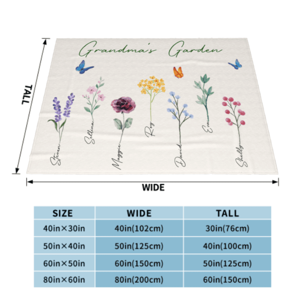 Size:80''X60''(200X150CM)/Personalized Grandma’s Garden Blanket with Birth Month Flowers and Grandkids Names, Custom Blankets, Flannel Blankets, Machine Washable, Skin-Friendly