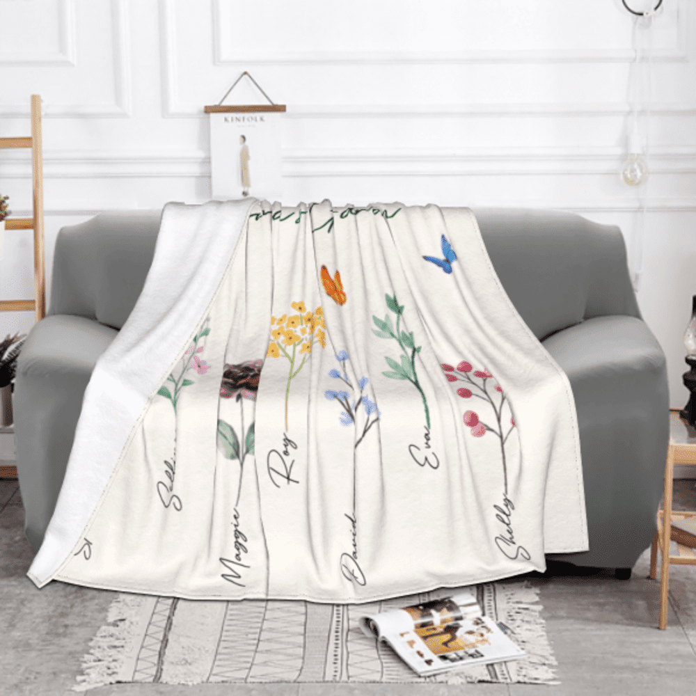 Size:80''X60''(200X150CM)/Personalized Grandma’s Garden Blanket with Birth Month Flowers and Grandkids Names, Custom Blankets, Flannel Blankets, Machine Washable, Skin-Friendly