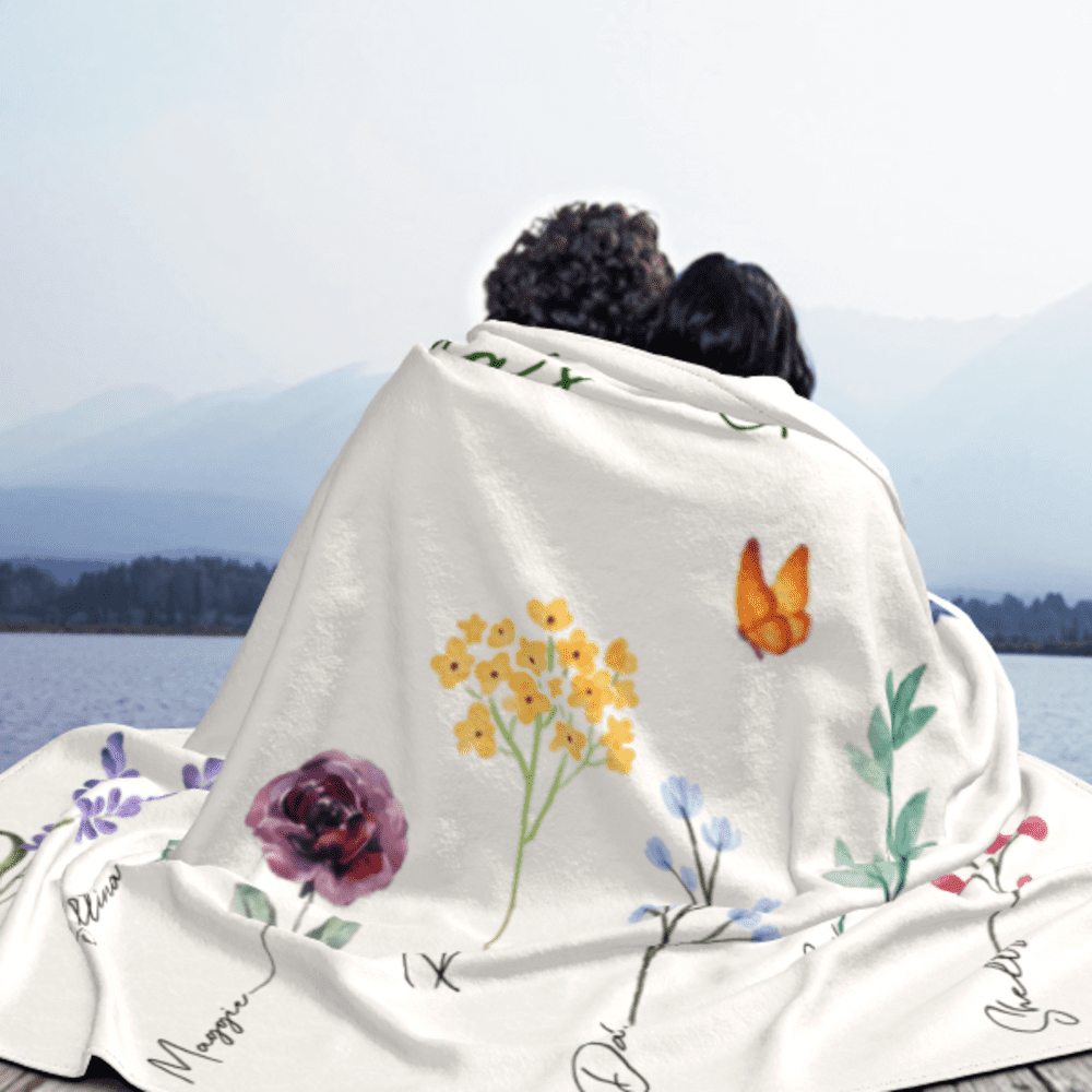 Size:80''X60''(200X150CM)/Personalized Grandma’s Garden Blanket with Birth Month Flowers and Grandkids Names, Custom Blankets, Flannel Blankets, Machine Washable, Skin-Friendly