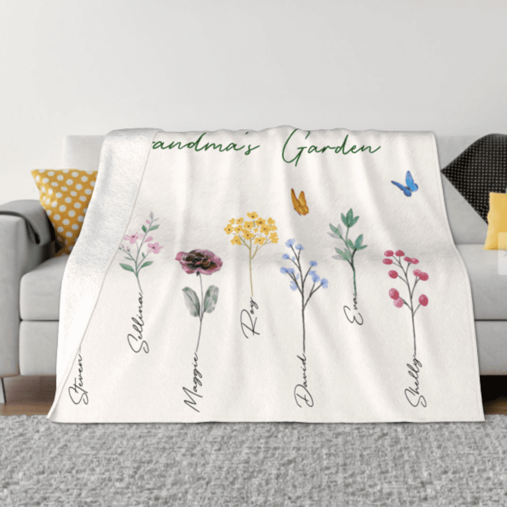 Size:80''X60''(200X150CM)/Personalized Grandma’s Garden Blanket with Birth Month Flowers and Grandkids Names, Custom Blankets, Flannel Blankets, Machine Washable, Skin-Friendly