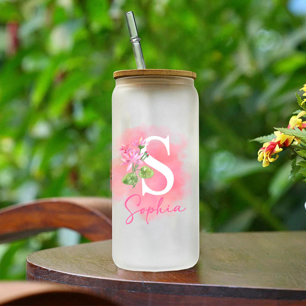 Personalized Name Birth Flower Glass Cup, Floral Iced Coffee Cup, Frosted Glass Tumbler, Bridesmaid Gift, Birthday/Anniversary Gift, Gift for Her/Mom