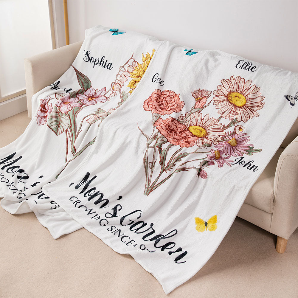 Personalized Mom's Garden Blanket with Name & Birth Flower, Floral Garden Blanket, Birthday/Mother's Day Gift for Mom/Grandma from Kids/Grandkids