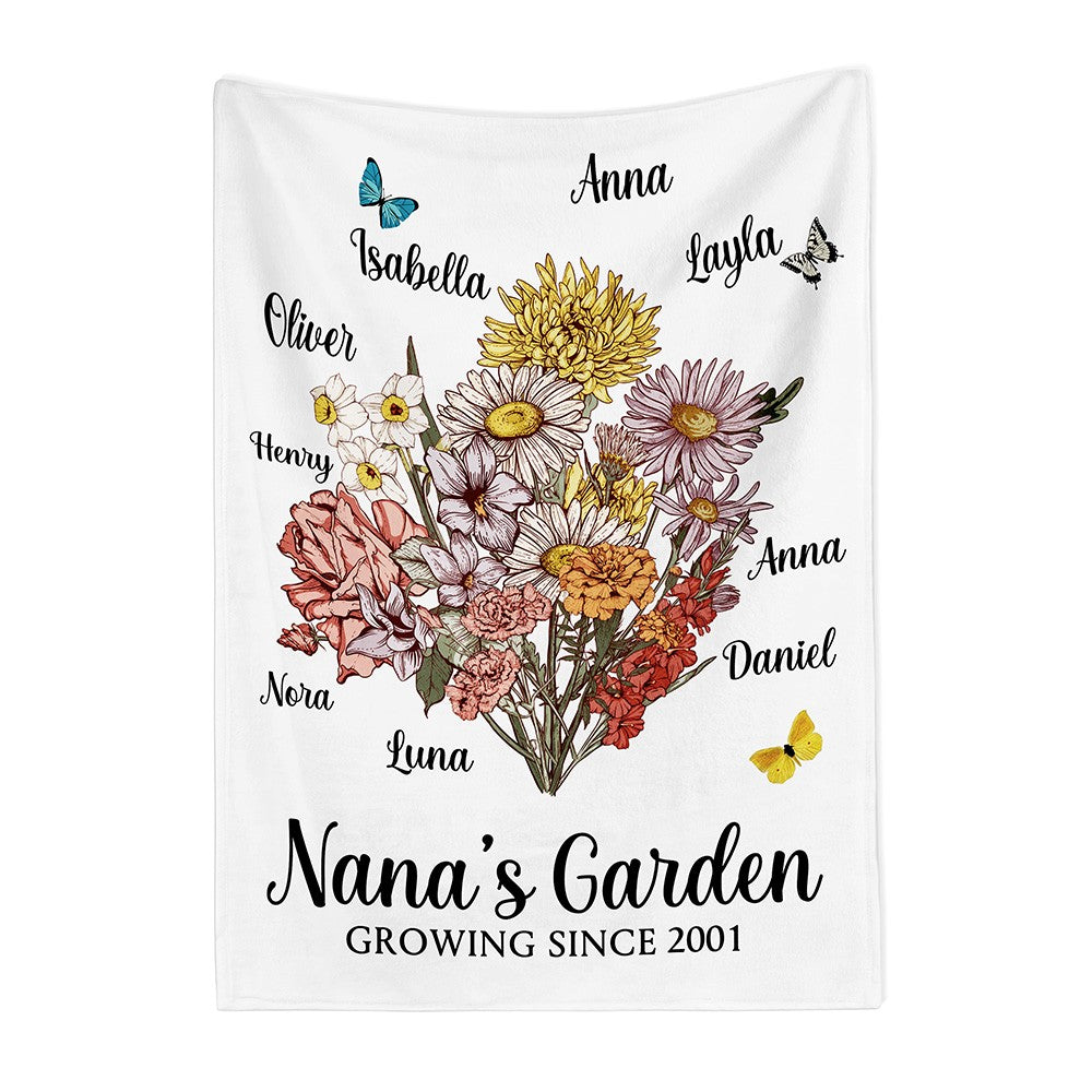 Personalized Mom's Garden Blanket with Name & Birth Flower, Floral Garden Blanket, Birthday/Mother's Day Gift for Mom/Grandma from Kids/Grandkids