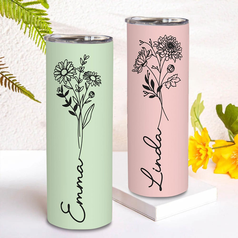 Custom Name Birth Flower Tumbler, Stainless Steel 20oz Birth Flower Travel Mug with Straw, Birthday/Mother's Day Gift for Family/Friends/Bridesmaids Cup